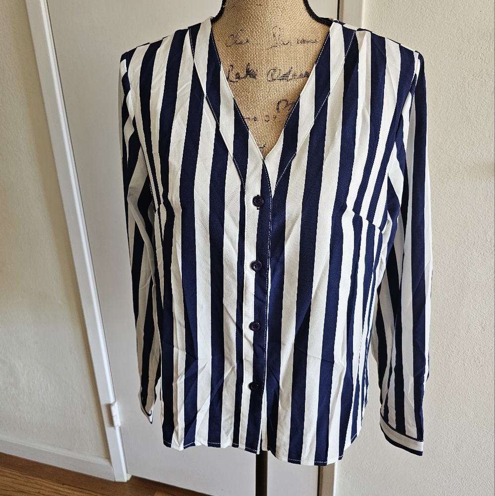 SHEIN Navy and White Striped Button Down Shirt